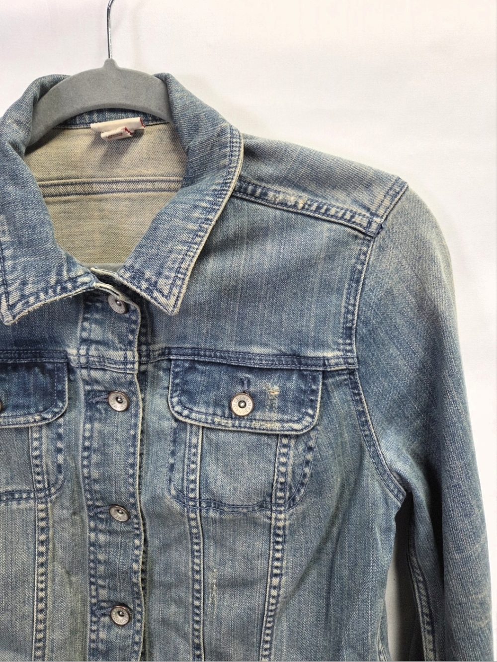 Merona Womens Denim Faded Distressed Blue Classic Jean Jacket Small - Picture 2 of 10